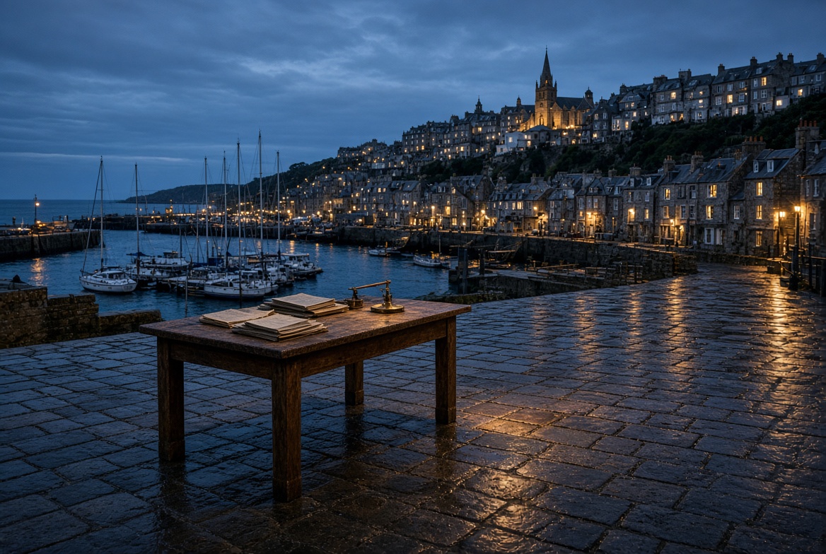 St Peter Port harbour at dusk, a ledger table on the quay